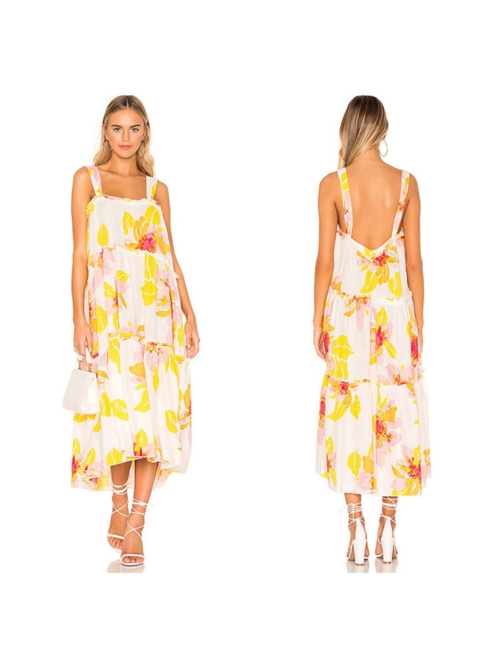 Free People Dress Moonshine
Linen Blend White Pastel Floral
Midi Tiered Small